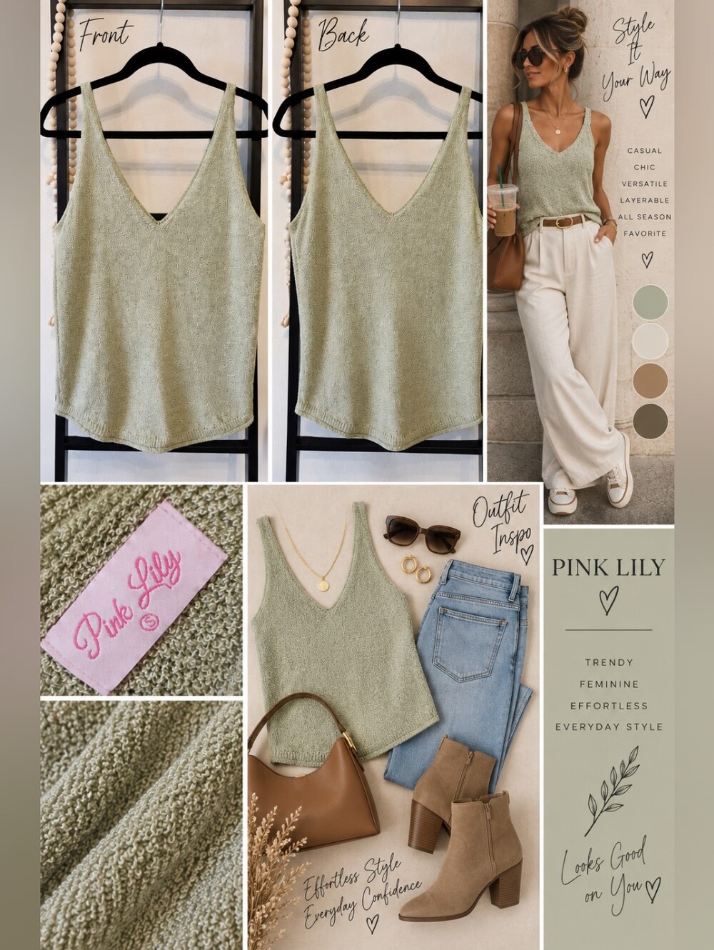 Pink Lily Sage Green Textured Knit V-Neck Tank Top